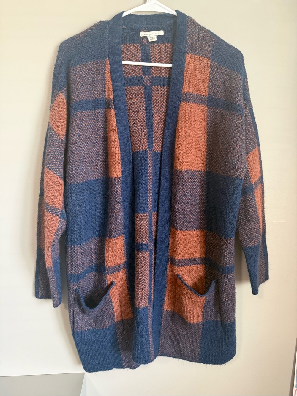 American Eagle Outfitters Navy and Rust Plaid Open-Front Cardigan Size XS/S